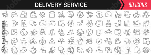 Delivery service linear icons in black. Big UI icons collection in a flat design. Thin outline signs pack. Big set of icons for design
