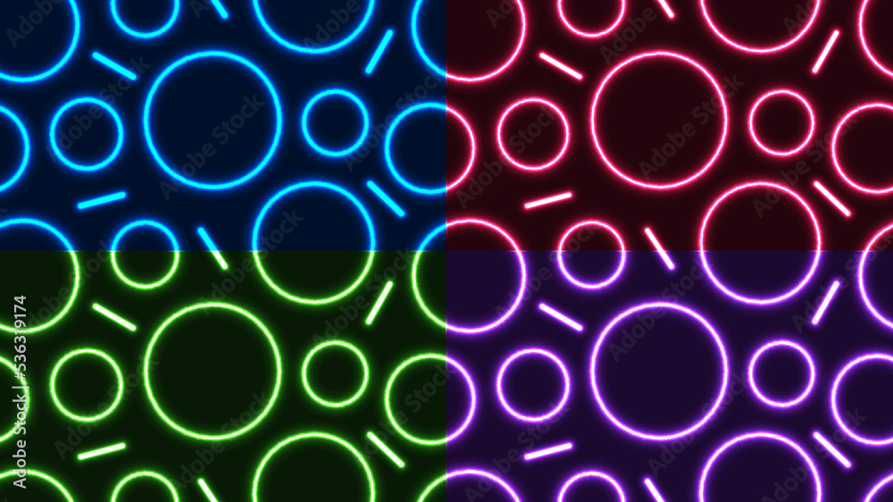 Set of abstract blue, red, green, purple glowing neon lighting effect circles geometric seamless pattern on dark background