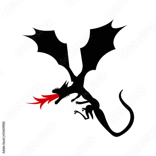 Dragon silhouette with fire on white background. Vector Illustration