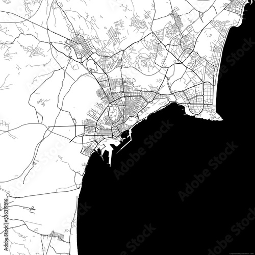 Area map of Alicante Spain with white background and black roads