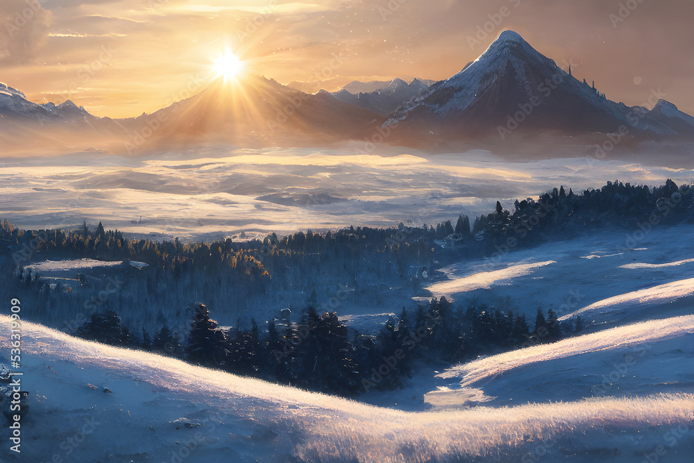 Sunrise in a snowy winter landscape. 