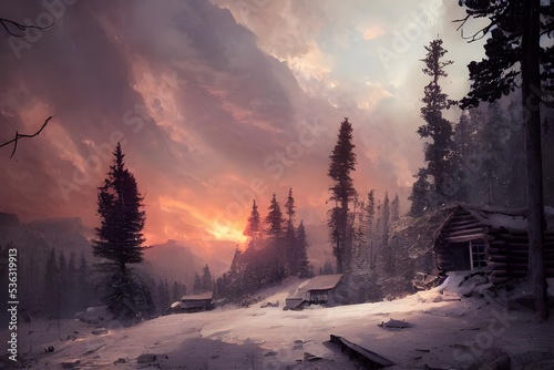 Sunrise in a snowy winter landscape.  © ECrafts