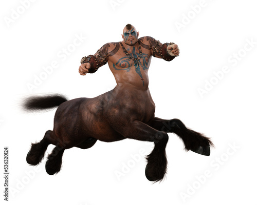Male centaur fantasy man horse creature with muscular body and tattoos. 3D illustration isolated. photo