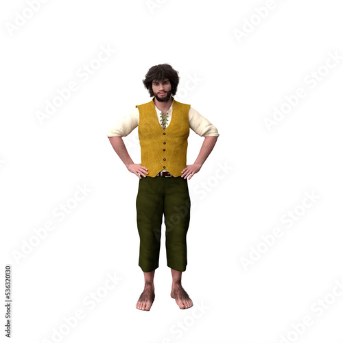 3D rendering of a male halfling fantasy character standing with hands on hips isolated on a transparent background. photo