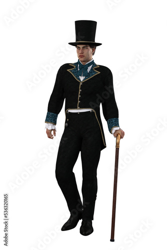 Canvas Print Handsome caucasian man standing in regency style costume with top hat and cane