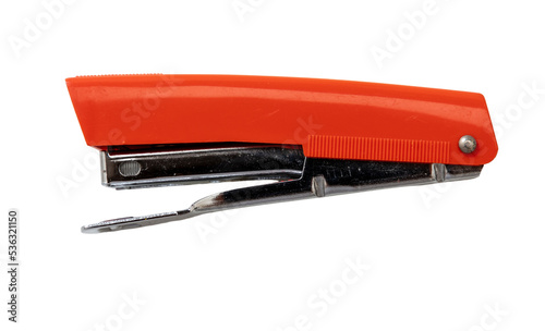 Stapler isolated, transparent background. PNG. Staple gun, red color, side view
