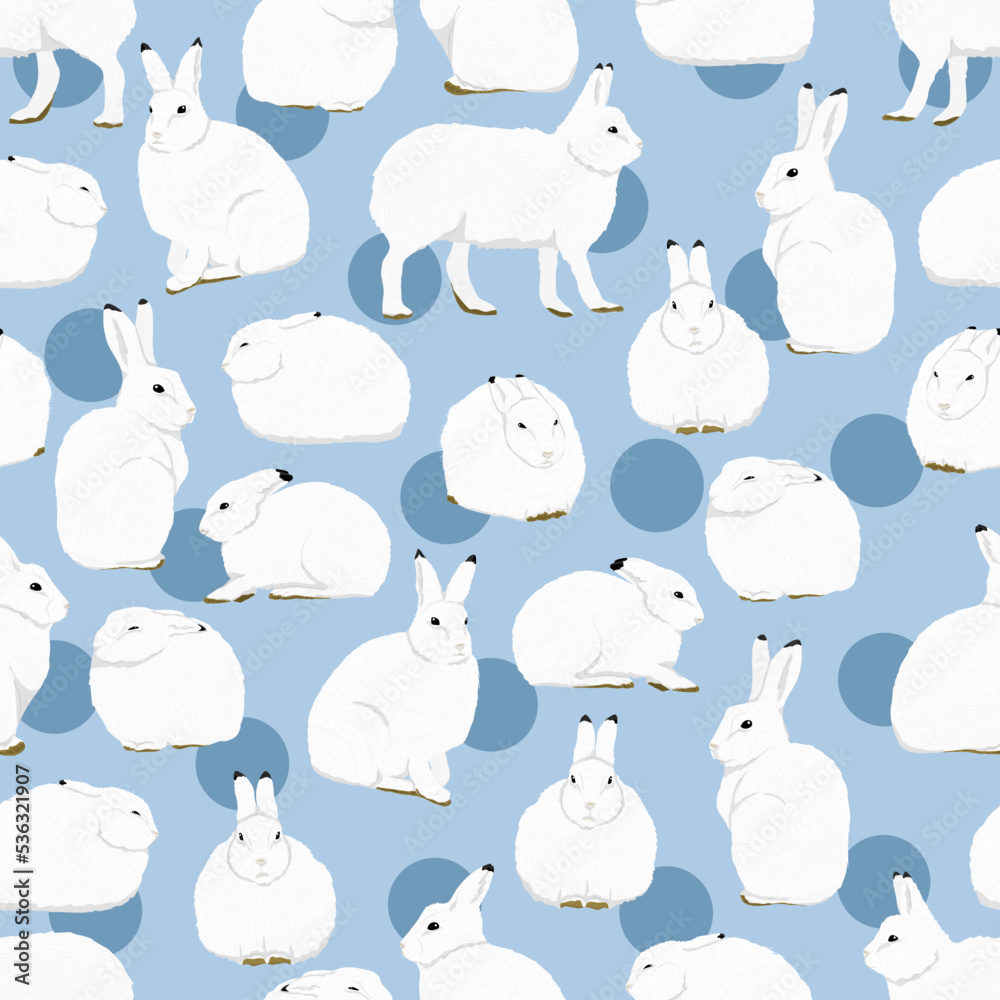 Seamless pattern with Arctic hares Lepus arcticus in different poses. Wild animal of the Arctic tundra. Realistic vector rabbits Seamless pattern with Arctic hares Lepus arcticus in different poses. Wild animal of the Arctic tundra. Realistic vector rabbits
