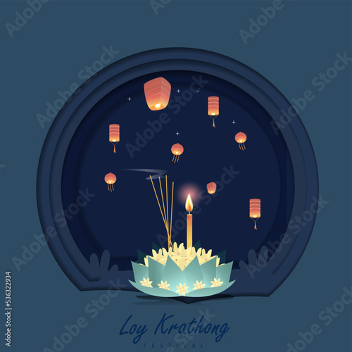 Loy krathong Festival Travel Thailand Poster Design Background Vector Illustration.  Chao Phraya River Holy Place in Thailand Background.
