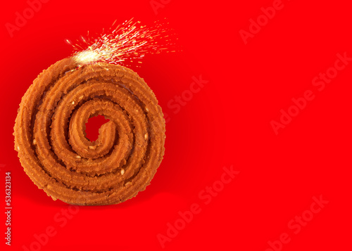 Happy Diwali, a creative representation of diwali food chakli in the form of cracker photo