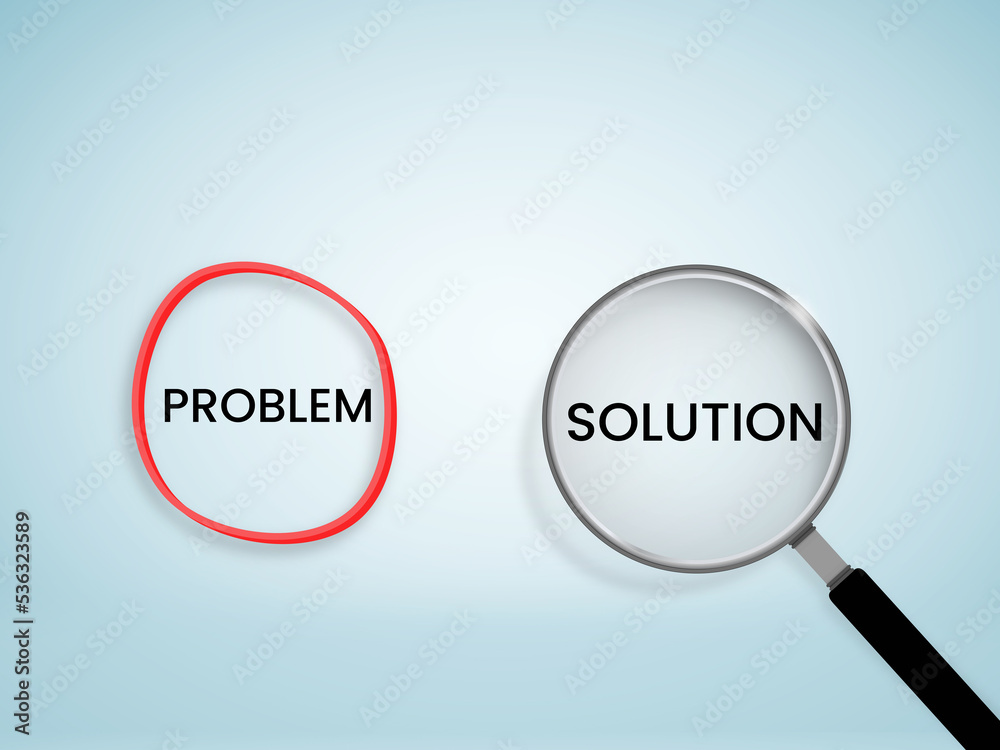 Problem and solution text are written on a sky blue background with a magnifier focus on solution text, the concept of customer help and support