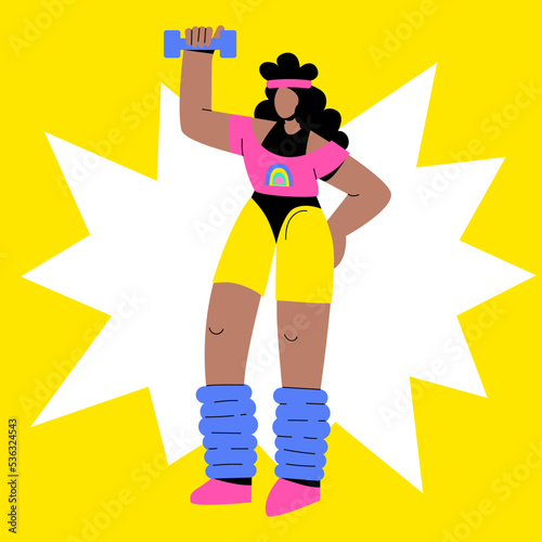 A dark-skinned girl in the 90s or 80s. Stylish woman in sportswear is engaged in fitness and aerobics