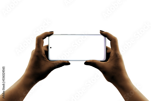 Phone in woman dark skin hands horizontal. Isolated background and display for mockup, app presentation. PNG transparent
