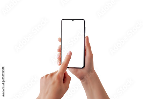 Isolated smartphone and display in woman hands. Finger touch screen of smart PNG transparent