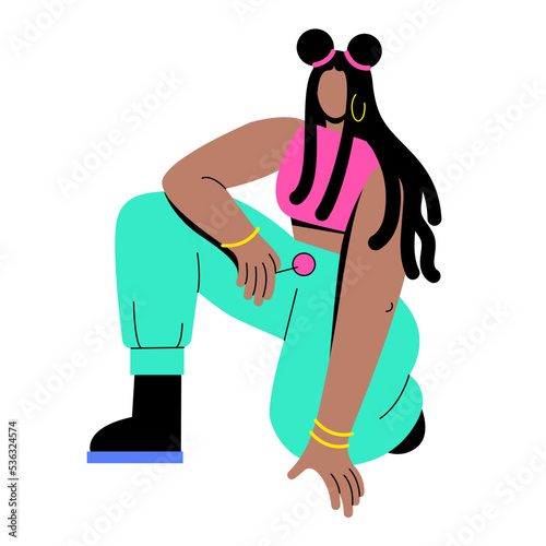 A dark-skinned girl with dreadlocks and trousers in the 90s or 2000s sat down. Young stylish woman holding a lollipop