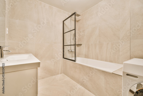 Creative bathroom interior with azulejo tiles photo