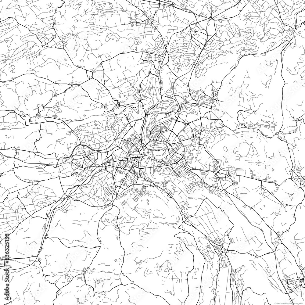 Area map of Bern Switzerland with white background and black roads
