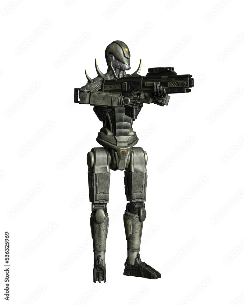 Futuristic robot soldier standing aiming a gun. 3D rendering isolated.