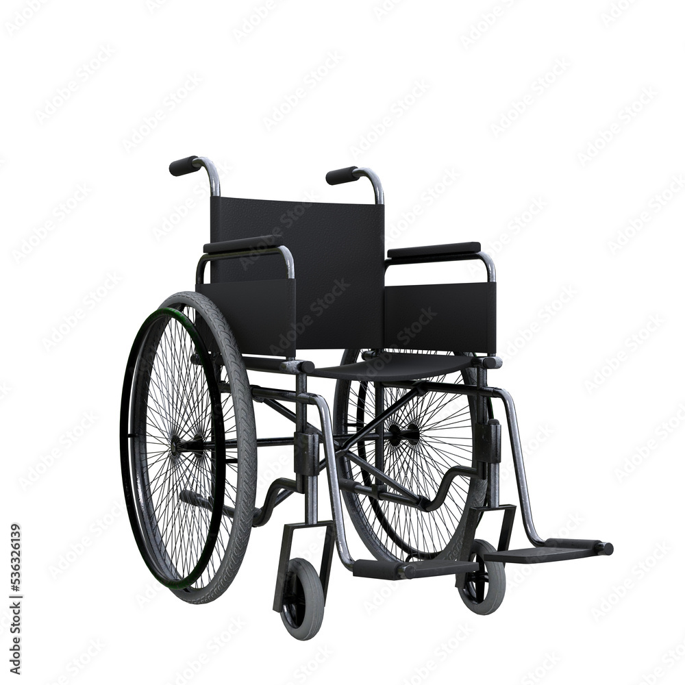 Empty hospital wheelchair for patient transportation. 3D illustration isolated.