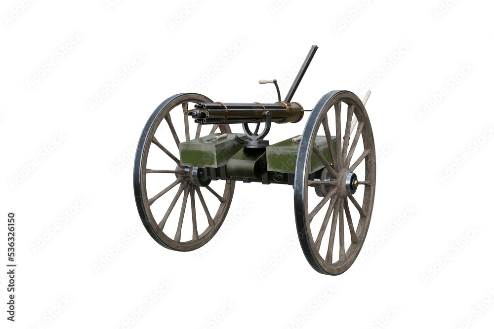 Old wild west automatic machine gun weapon. 3D rendering isolated. Old wild west automatic machine gun weapon. 3D rendering isolated.