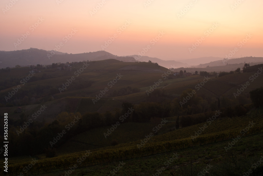 Autumn panoramic view.
View of hills with vines immersed in a light fog at dawn. Piemonte, Langhe area