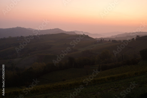 Autumn panoramic view. View of hills with vines immersed in a light fog at dawn. Piemonte, Langhe area