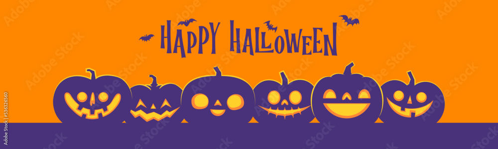 Halloween banner horizontal design with Jack o Lantern carved pumpkins. Simple cartoon spooky design. Trick or treat. Halloween banner horizontal design with Jack o Lantern carved pumpkins. Simple cartoon spooky design. Trick or treat.
