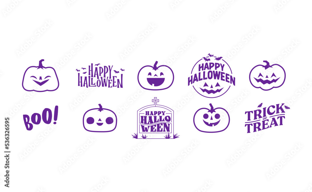 Fototapeta premium Halloween graphic elements with carved pumpkins and bats. Trick or treat, Boo and spooky designs. Halloween decoration.
