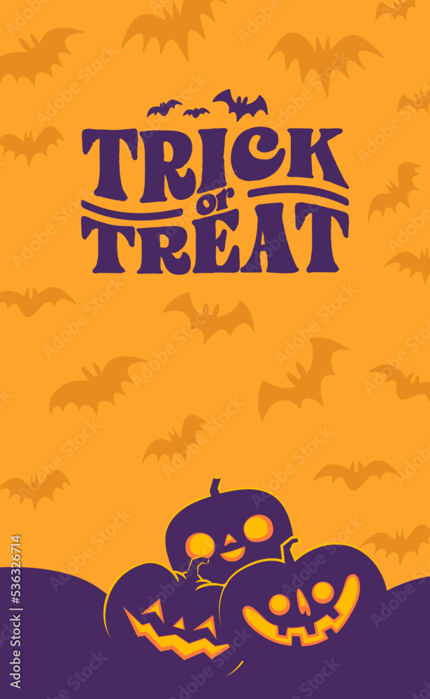 Halloween vertical banner with copy space. Carved Pumpkins Jack O Lantern design. Cute spooky design with fun elements.