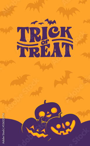 Halloween vertical banner with copy space. Carved Pumpkins Jack O Lantern design. Cute spooky design with fun elements.