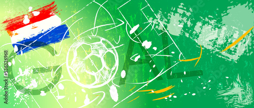 soccer or football illustration for the great soccer event with soccer ball, dutch flag, soccer field, grungy style