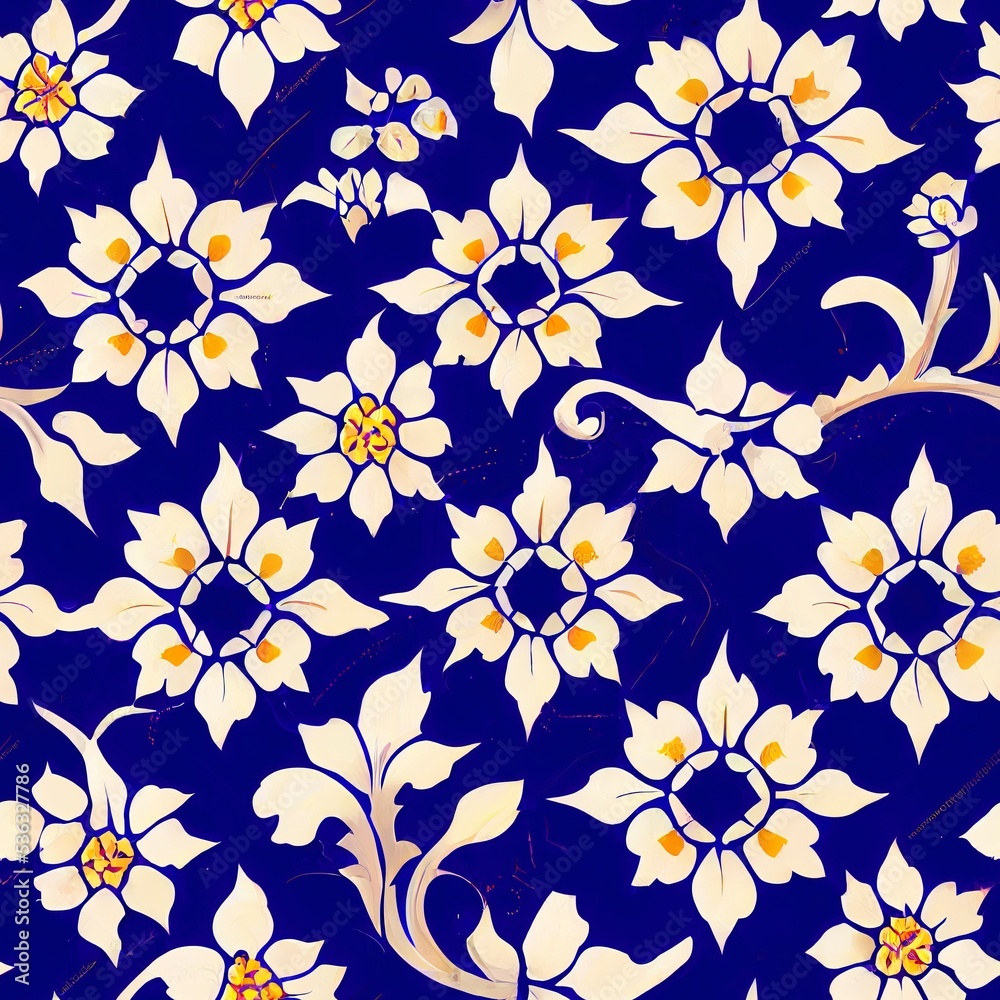 Obraz premium Gorgeous mediterranean tile damask fill background vector seamless pattern. Decorative mosaic ceramic design. Wall and wallpaper decor blue Portuguese azulejo pattern
