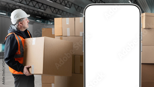 Man with box. Phone templat...