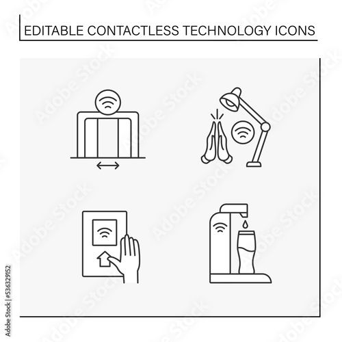 Contactless technology line icons set. Elevator door controller  sound-activated light subway pass  sparkling water.Touchless device concept. Isolated vector illustrations. Editable stroke