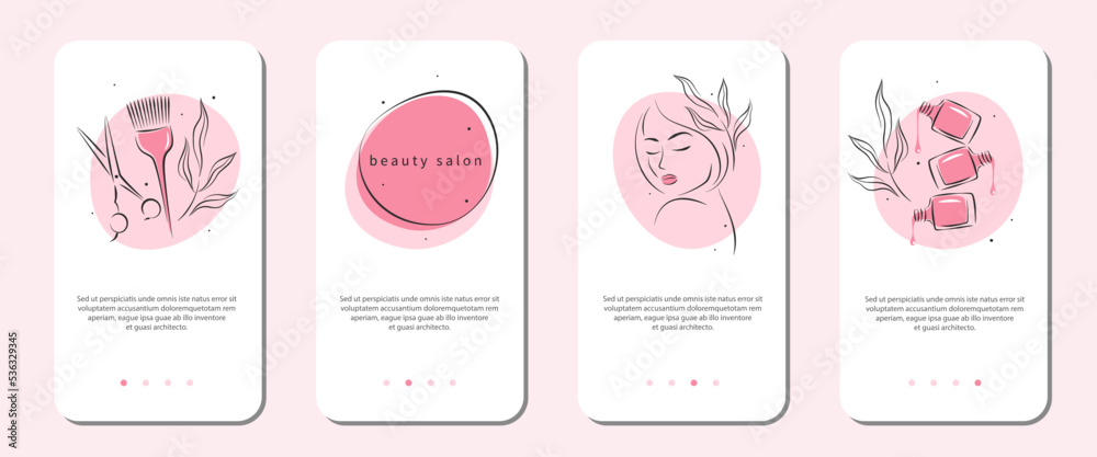 Beauty salon icon set for mobile apps, social media posts and stories. Manicure, makeup, hairdressing. Beautiful woman face, nail polish, scissors and hair brush. Vector illustrations Beauty salon icon set for mobile apps, social media posts and stories. Manicure, makeup, hairdressing. Beautiful woman face, nail polish, scissors and hair brush. Vector illustrations
