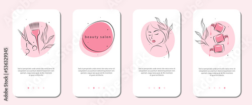 Beauty salon icon set for mobile apps, social media posts and stories. Manicure, makeup, hairdressing. Beautiful woman face, nail polish, scissors and hair brush. Vector illustrations