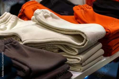 Clothing pants, clothing store department store. Clothing sales. Selective focus