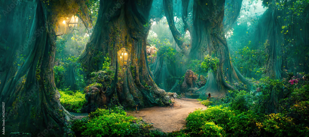 Fototapeta premium A beautiful fairytale enchanted forest with big trees and great vegetation. Digital painting background