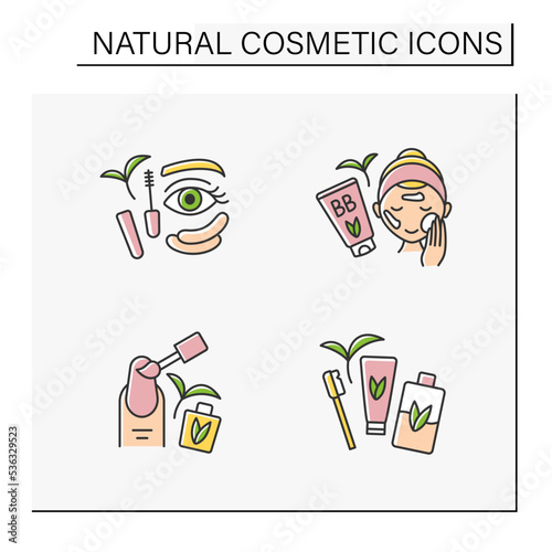 Natural cosmetic color icons set. Toothbrush, toothpaste and mouthwash, bb cream, organic mascara, manicure, Self-care concept. Isolated vector illustrations