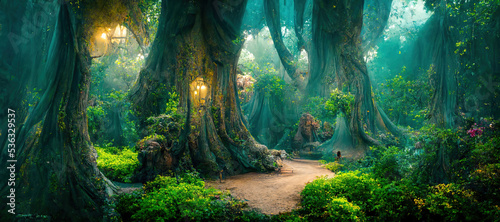 Fotografia A beautiful fairytale enchanted forest with big trees and great vegetation