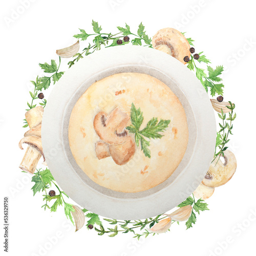 Watercolor illustration of mushroom soup. Champignon. Botanical illustration. Food painting. photo