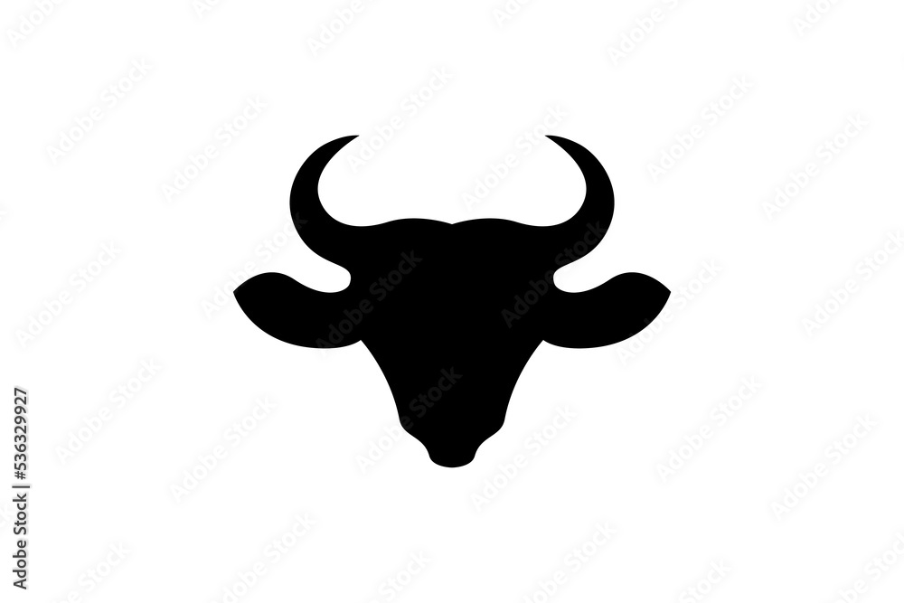 Vector black bull sign isolated on white background. Cow head flat logo. Buffalo face symbol. Meat steak mark. Natural milk sticker. Farming cartoon logotype