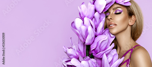 Beauty face woman. Portrait of female face with natural skin and long hair on lilac background. Natural beauty woman.