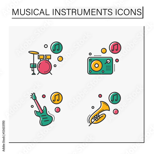 Musical instrument color icons set. Drum kit, turntablism, bass guitar and trumpet. Classical, ethnic and modern music. Music from different countries. 3d vector illustrations