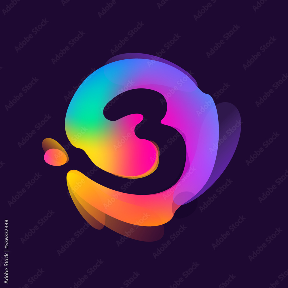 Number three logo in multicolor gradient blot. Negative space splash icon. Number three logo in multicolor gradient blot. Negative space splash icon.