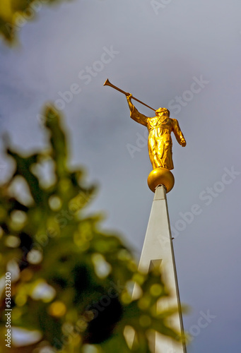Sculpture of angel moroni atop of a Mormon Temple,California.