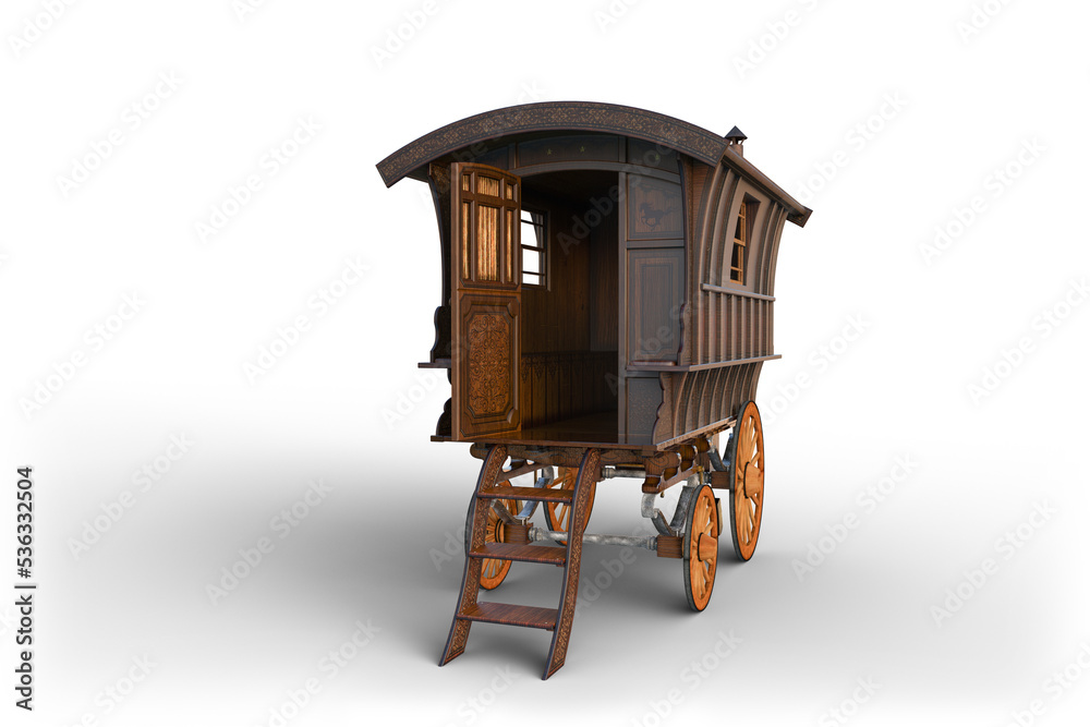 Vintage wooden Romany gypsy caravan parked with open door. 3D render isolated. - obrazy, fototapety, plakaty 