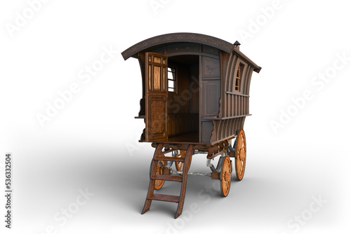 Vintage wooden Romany gypsy caravan parked with open door. 3D render isolated. photo