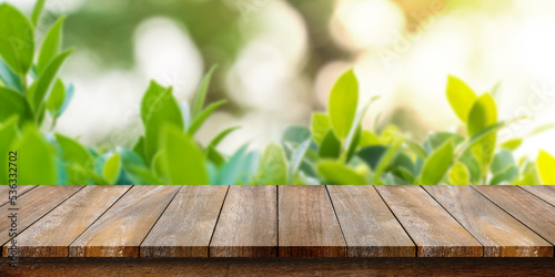 Empty of wooden table top with blurry green leaf and bokeh background. For montage product display or design key visual layouts.