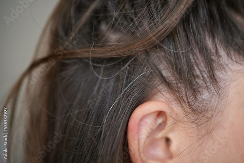 Gray hairs on the head of a young girl. Long gray hair. The initial stage of gray hair. The problem of gray hair in women.