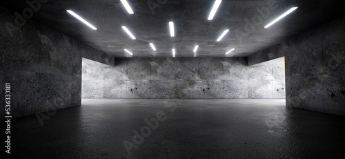 Fototapeta Naklejka Na Ścianę i Meble -  Garage Cement Sci Fi Concrete Grunge Dark Underground Studio hangar Parking Car Showroom. Background Futuristic 3D Rendering Illustration